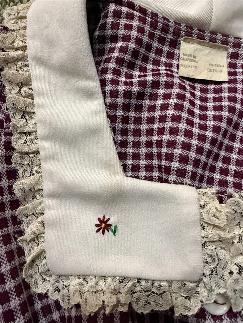 Vintage burgundy Check coord matching Set with Lace Collar small